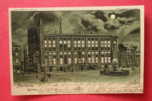 Postcard hold against light LUNA PC Aachen 1901 Moonlight Litho Town Hall architecture NRW